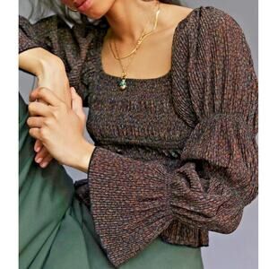 Anthropologie Smocked Juliet Blouse Womens XL Metallic Bronze Milkmaid Poet Top
